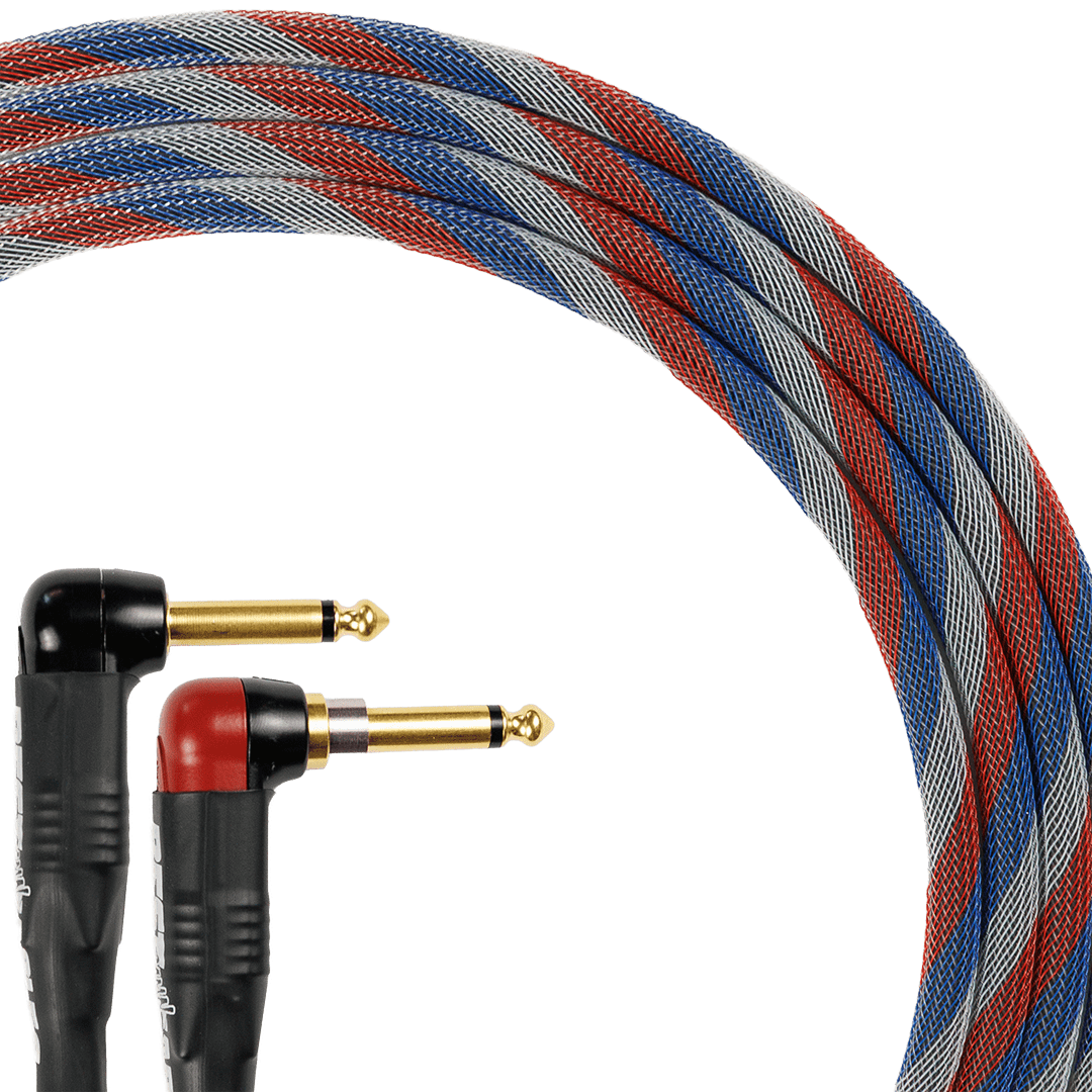 Best Damn Cable Co The Best Damn SILENT Cable with red blue and silver braided sleeve and right angle plugs