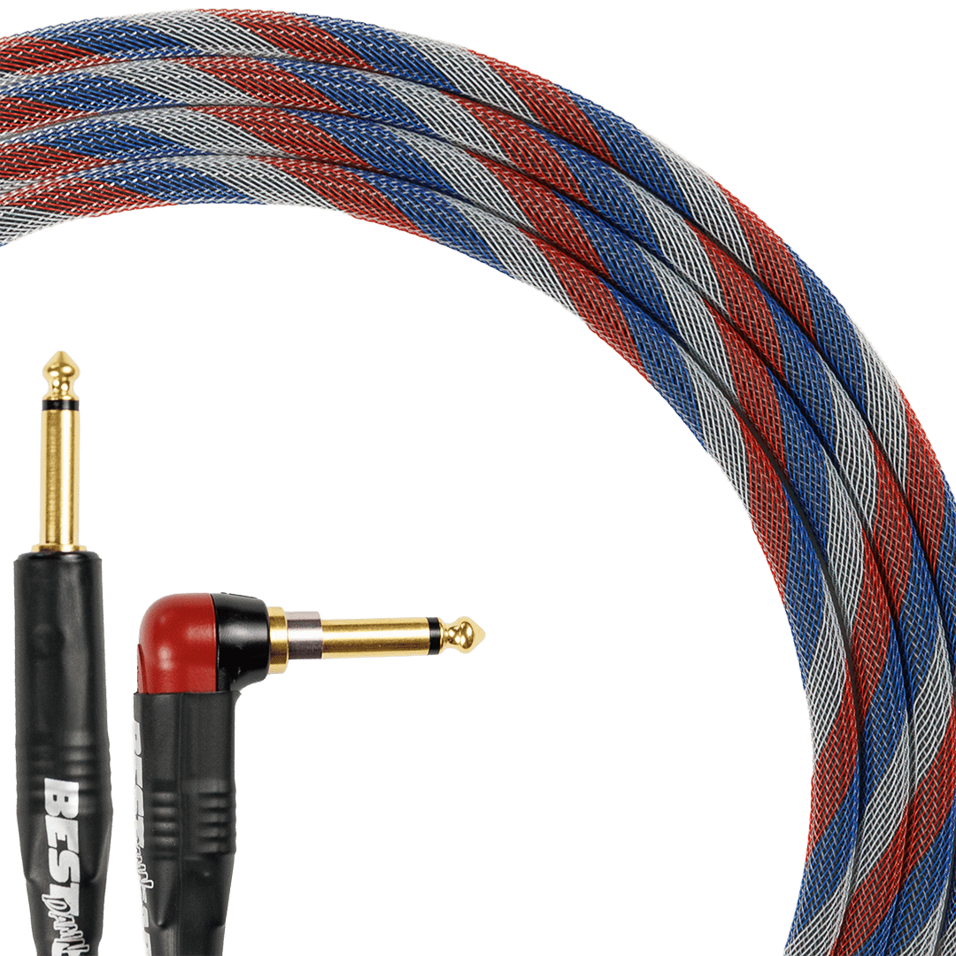 Best Damn Cable Co The Best Damn SILENT Cable with red blue and silver braided sleeve and gold plated plugs