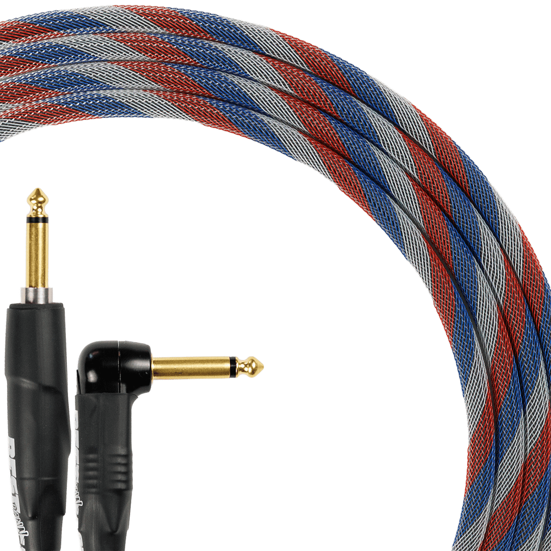 Best Damn Cable Co The Best Damn SILENT Cable with red blue and grey braided sleeve and gold instrument plugs