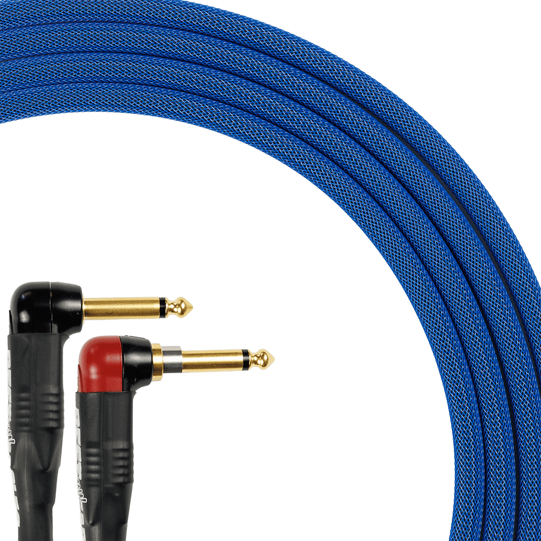 Best Damn Cable Co The Best Damn SILENT Cable with blue braided cord and two right angle instrument plugs