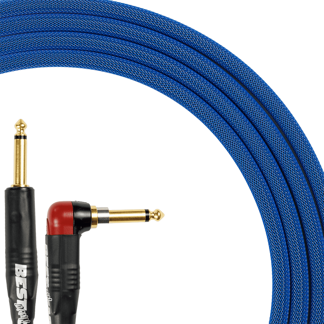 Best Damn Cable Co blue silent instrument cable with straight and right angle gold plugs