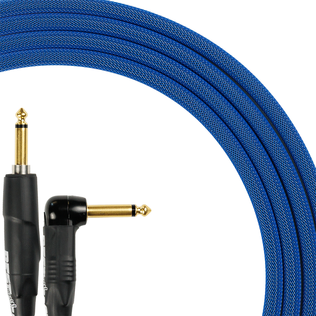 Best Damn Cable Co The Best Damn SILENT Cable with blue braided cord and gold straight and angled jack plugs
