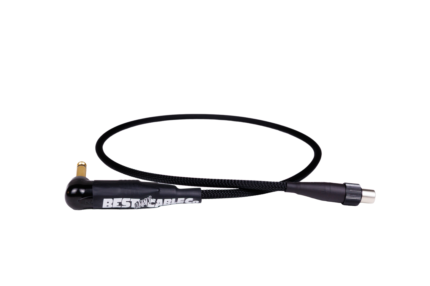 Side profile of Shure upgraded wireless cable, 2 feet in length with black connectors in black sleeving.