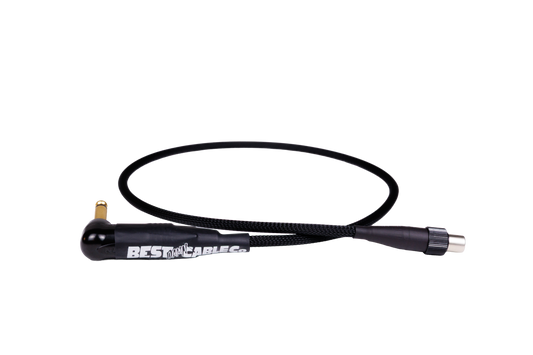 Side profile of Shure upgraded wireless cable, 2 feet in length with black connectors in black sleeving.