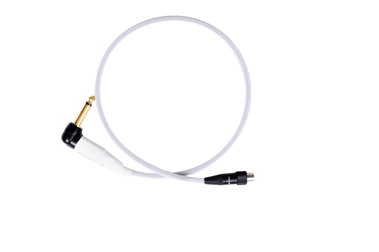 Overhead shot of Shure upgrade wireless cable in white, with right angle connectors. 2 feet long.