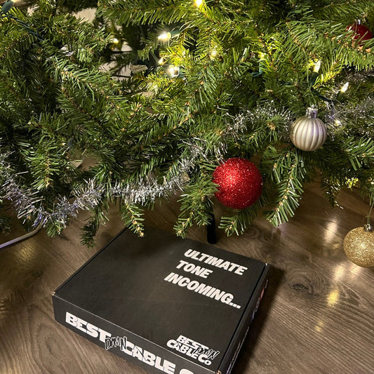 Best Damn Cable Co gift card box under a decorated Christmas tree