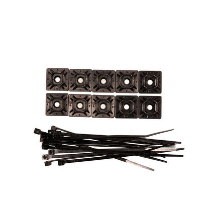 Best Damn Cable Co Patch Cable Cleanup Kit with ten adhesive cable tie mounts and a bundle of black zip ties