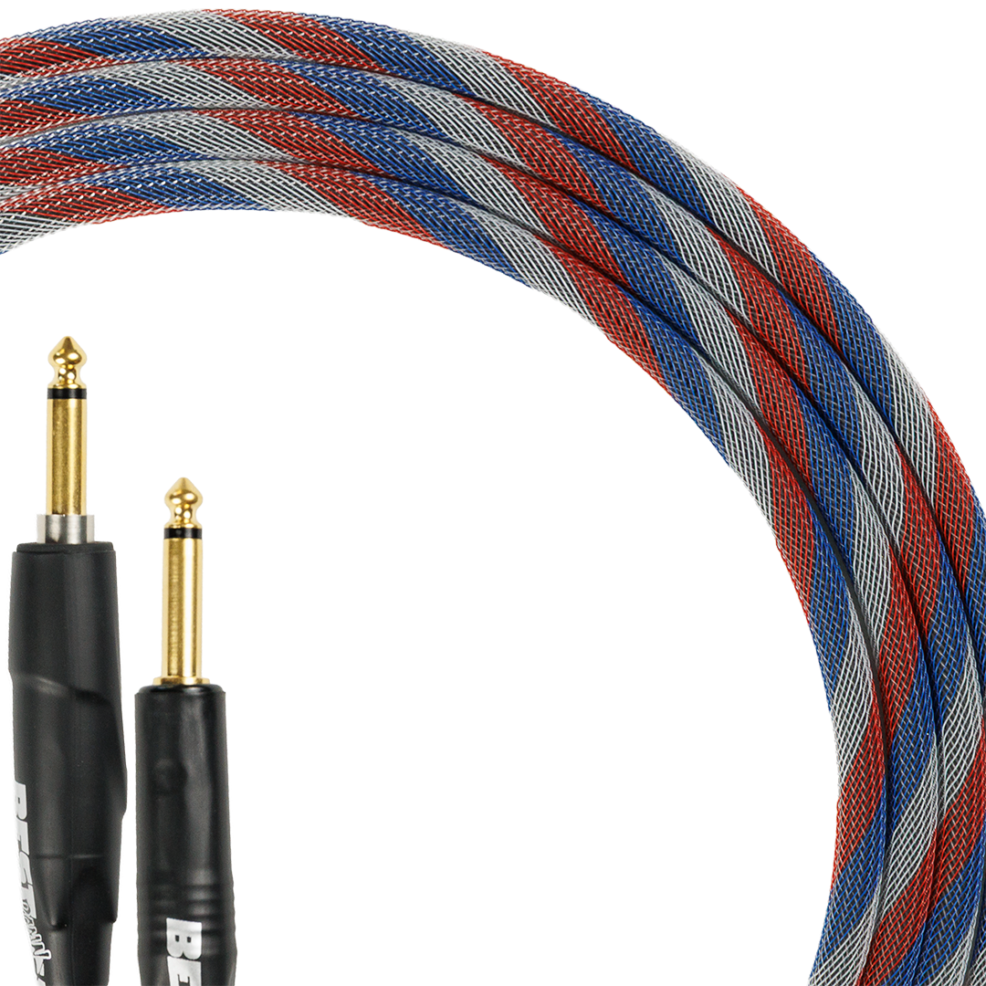 Best Damn Cable Co The Best Damn SILENT Cable with red blue and silver braided sleeve and gold connectors